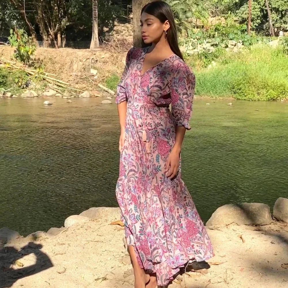 For Love And Lemons Pink and Blue Floral Wrap Maxi Dress - Picture 3 of 14